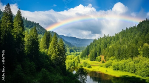 A rainbow arcing over a lush green forest © Cloudyew