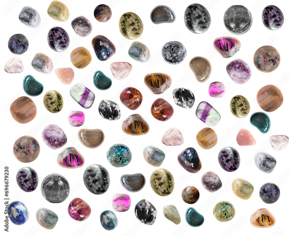 Obraz premium Polished natural mineral gemstones with a white background