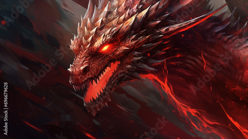 Red dragon head digital painting. Fantasy red dragon head - digital illustration. Generative AI
