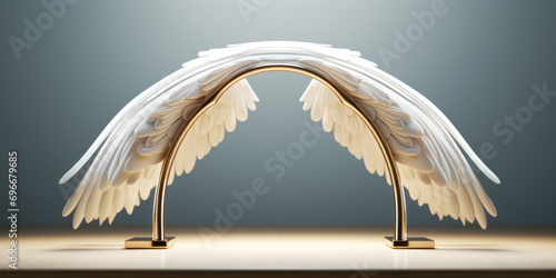 White angel wings with golden stand on a clean studio podium, presenting cosmetics with the delicate touch of an angel's wing.