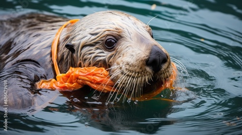 Close up of a sea otter wrapped in plastic fishing line