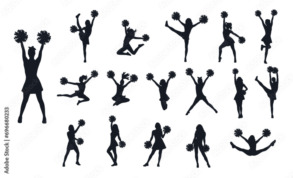 Young female cheerleader, Cheerleader Silhouette in different positions, Cheer Team silhouette 