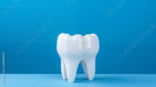 Express the importance of dental care through an illustration A model of white, healthy teeth is presented on a calm blue background.