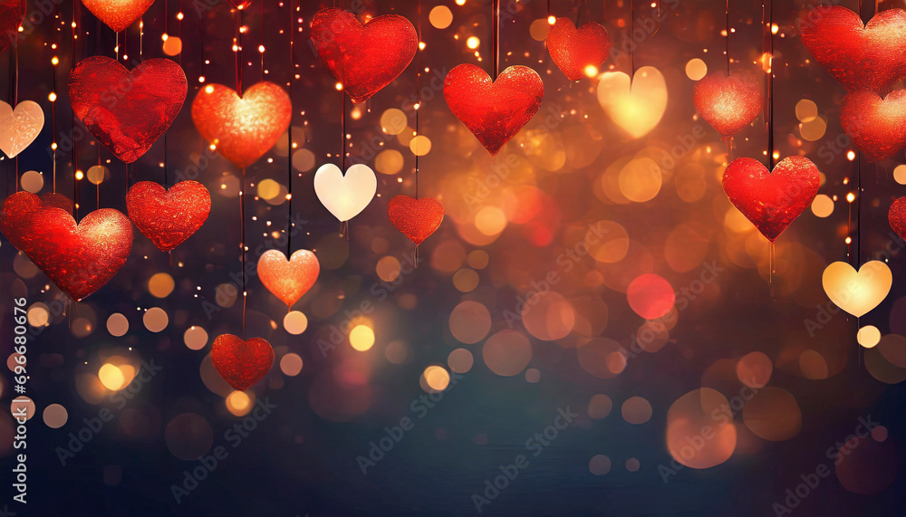 Valentines day background with red hearts and bokeh lights - obrazy, fototapety, plakaty 