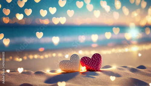 two hearts in sand on the beach at sunset, Valentine day love background photo