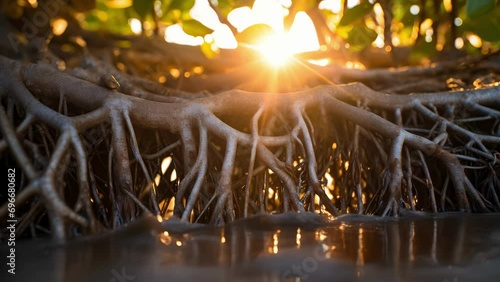 A detailed photo of a mangrove trees root structure, with CRISPR technology being used to enhance its ability to withstand rising sea levels and protect the critical habitats of endangered photo