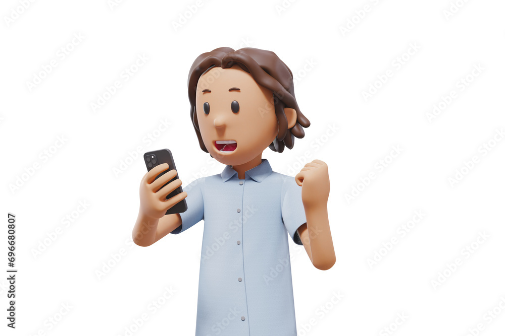 3d man holding phone with happy expression . 3d rendering. 3d illustration 3d man holding phone with happy expression . 3d rendering. 3d illustration
