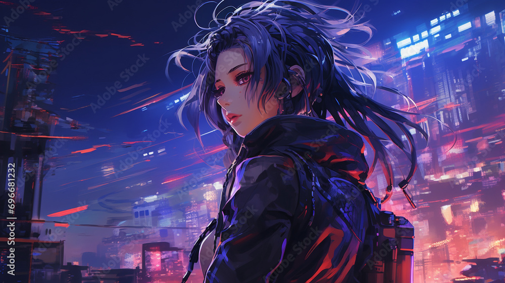 
A cyberpunk girl in a neon-lit cityscape at night, standing on an empty street with modern tall buildings in the background.