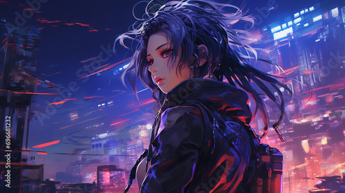  A cyberpunk girl in a neon-lit cityscape at night, standing on an empty street with modern tall buildings in the background.