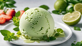 One rounded scoop mint ice cream, top view on white background
