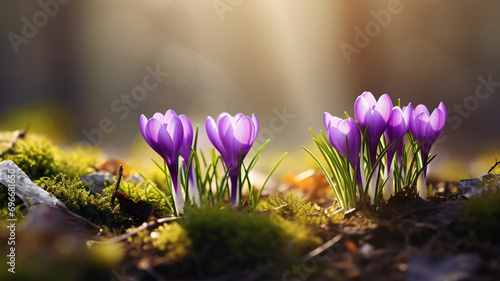 Crocus flowers emerge from the snow in early spring