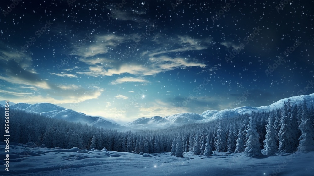 Forest on a mountain ridge covered with snow. Milky way in a starry sky. Christmas winter night. .