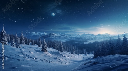 Forest on a mountain ridge covered with snow. Milky way in a starry sky. Christmas winter night. .