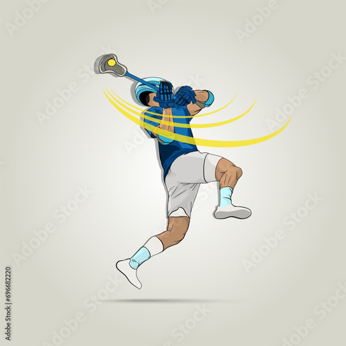 Athlete with a stick and a ball in a jump. Lacrosse game. Vector illustration.