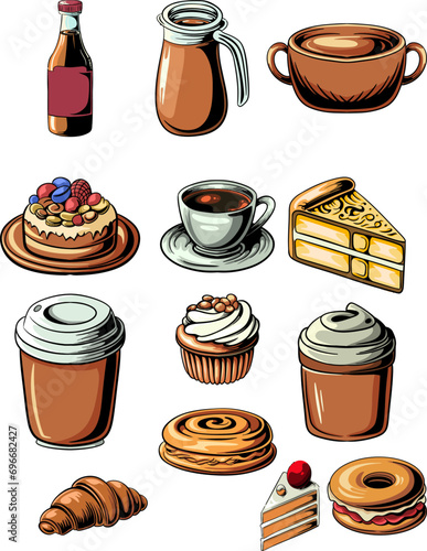 morning coffe set with lots of cakes. flat concept background. stock illustration
