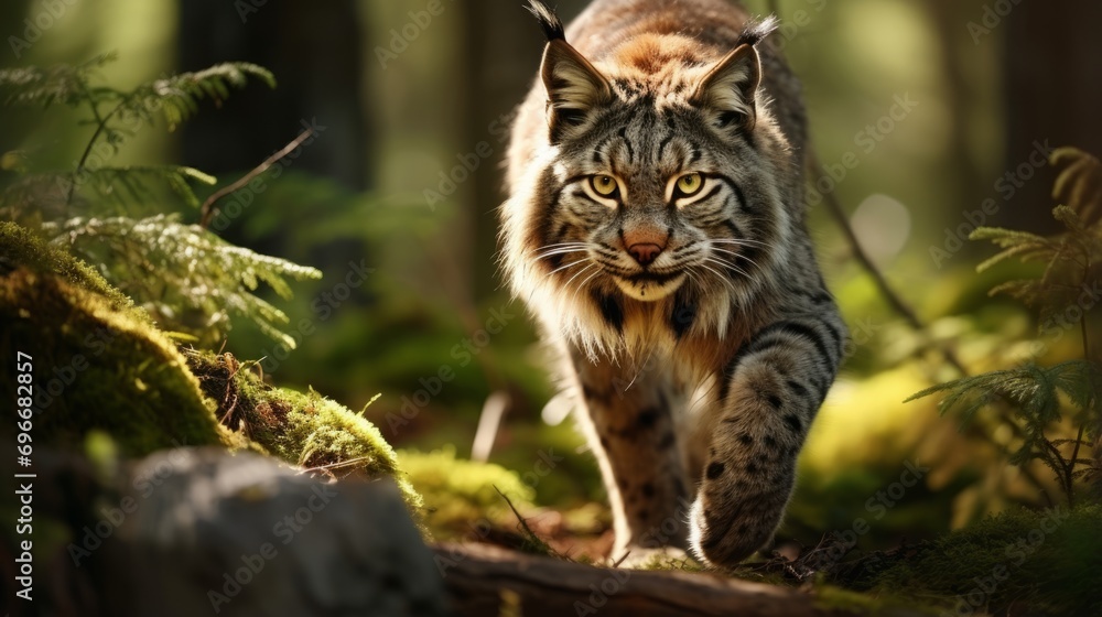 Fototapeta premium Zephyr Lynx prowls through enchanted woods