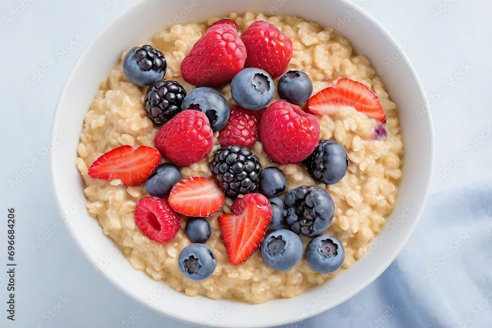 Bowl with tasty oatmeal and berries on light background. Healthy breakfast, Top view. Bowl with tasty oatmeal and berries on light background. Healthy breakfast, Top view.