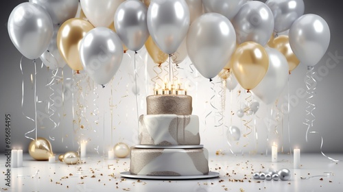 Wallpaper Mural Celebrate in Silver Splendor. Happy Birthday. Cake, Christmas Cake, Air Balloons, Foil Balloons, Birthday Balloon, Glitter Confetti Elements. Birthday Card. Gold, Silver Category. Torontodigital.ca