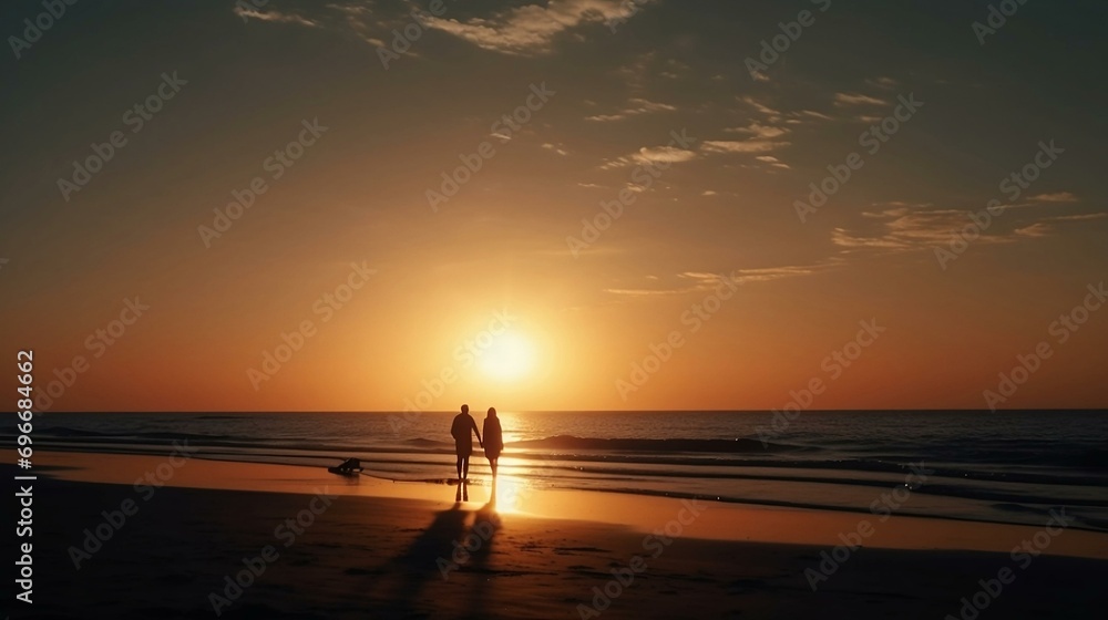 Couple walking on beach at sunrise, beautiful cloudy sky and chadow reflected on the beach.