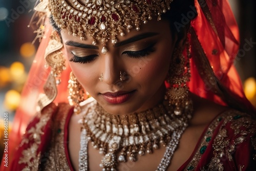  A traditional Indian bridal with red color dress.
