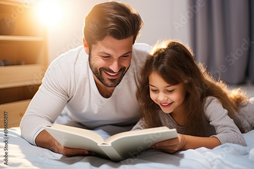 dad and daughter reading book together photo