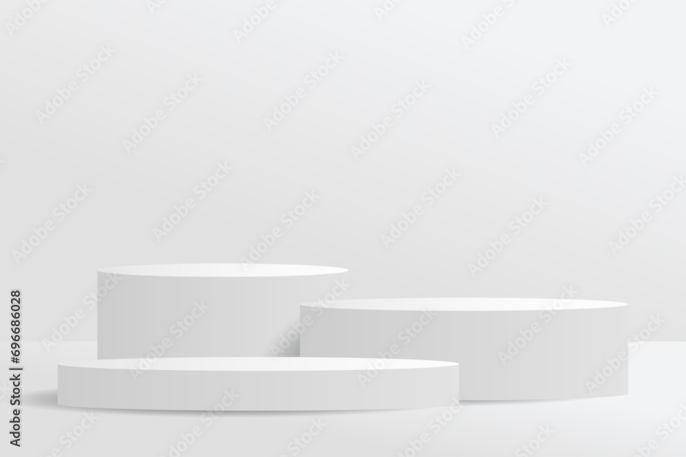 Clean white 3d room with round pedestal or stand for displaying products or merchandise. stage for exhibition Designed for advertising or product promotion. Clean white 3d room with round pedestal or stand for displaying products or merchandise. stage for exhibition Designed for advertising or product promotion.
