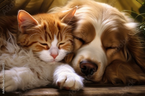 Cute dog and cat sleeping together on sofa in living room, Cat and dog peacefully sleeping together, AI Generated