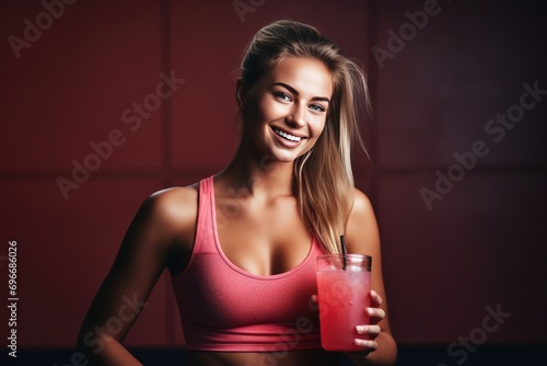 Confident young woman in sports clothing drinking protein cocktail