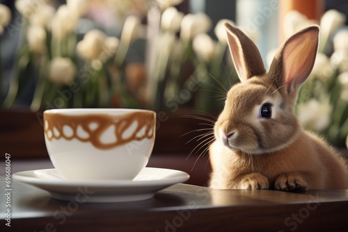 Cute bunny and cup of coffee on table in cafe, closeup, Chocolate Easter bunny sitting beside a coffee latte, AI Generated © Ifti Digital
