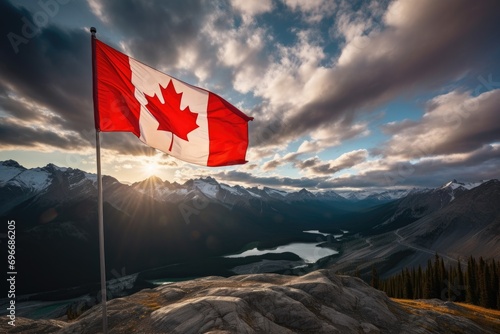Canadian flag waving in the wind against a background of mountains and lake, Canada flag and beautiful Canadian landscapes, AI Generated photo