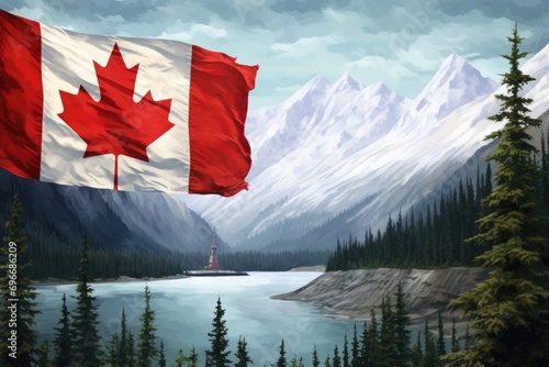 Canadian flag waving in the wind against picturesque lake and snowy mountains, Canada flag and beautiful Canadian landscapes, AI Generated photo