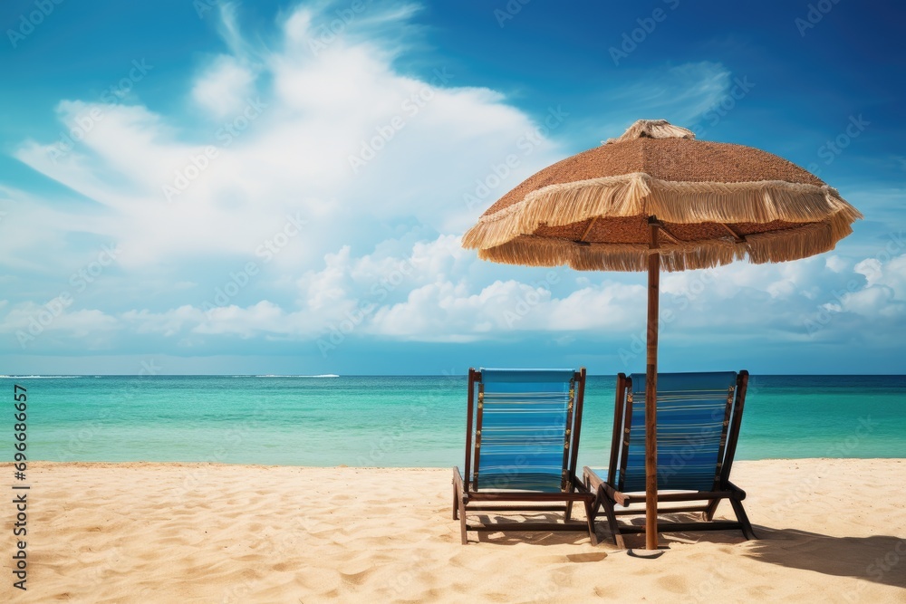 Beach chair and umbrella on tropical sand beach with blue sky background, Chairs and umbrella in a tropical beach - Seascape Banner, AI Generated