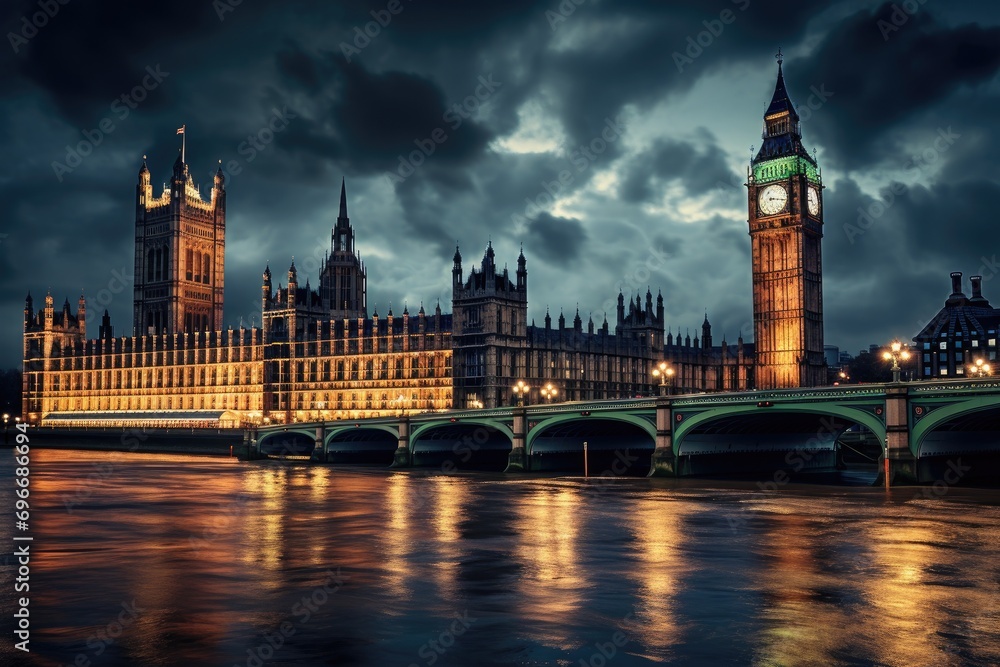 Big Ben and Houses of Parliament at night, London, UK, Big Ben and the Houses of Parliament at night in London, UK, AI Generated