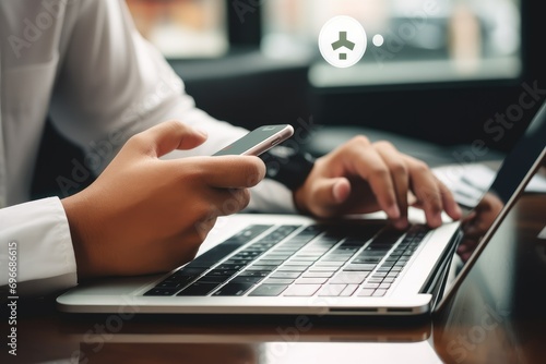 Closeup image of businesswoman using mobile phone and laptop in cafe, Businessman's hand using a smartphone and laptop computer with a customer satisfaction rating icon, AI Generated