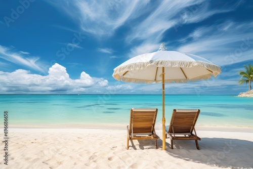 Parasol and chairs on beautiful beach at Seychelles  Chairs and umbrella in a tropical beach - Seascape Banner  AI Generated