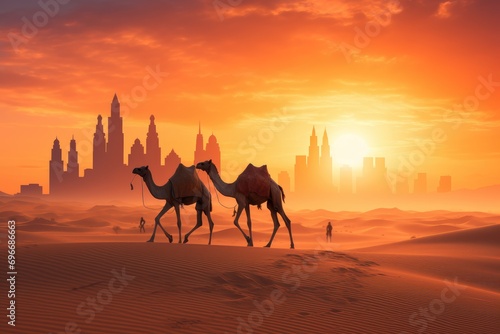 Camel caravan in the desert at sunset, 3d render illustration, Camel caravan on sand dunes in the Arabian desert with the Dubai skyline at sunset, AI Generated