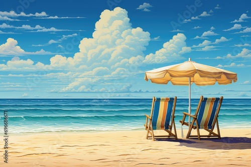 Illustration of a beach with two deckchairs and a beach umbrella, Chairs and umbrella in a tropical beach - Seascape Banner, AI Generated