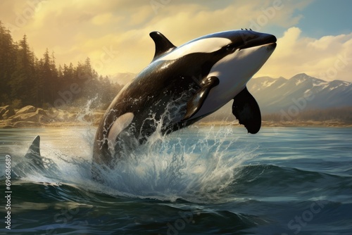 Orca killer whale jumping out of the water. 3D rendering, Big orca whale jumping out of the sea, AI Generated