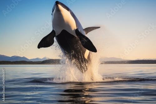 Killer whale jumping out of the water on a sunny day, Big orca whale jumping out of the sea, AI Generated photo