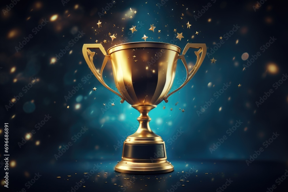 Golden trophy cup on a blue background with stars and bokeh, Champion golden trophy with gold stars on a dark blue background, AI Generated Golden trophy cup on a blue background with stars and bokeh, Champion golden trophy with gold stars on a dark blue background, AI Generated