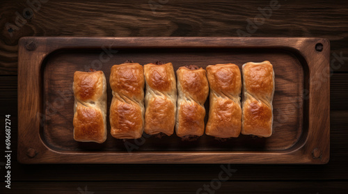 Dark mood background and fresh croissants on wooden plate. Free space for your decoration and breakfast time. Top view. Flat lay