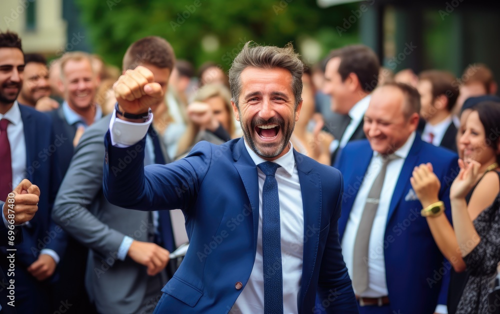 A cheering man participating in the company's annual celebration A cheering man participating in the company's annual celebration