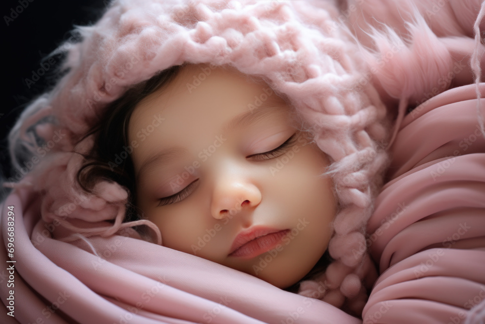 A baby sleeps wrapped in a pink ruffled blanket A baby sleeps wrapped in a pink ruffled blanket