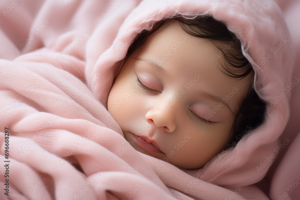 A baby sleeps wrapped in a pink ruffled blanket A baby sleeps wrapped in a pink ruffled blanket