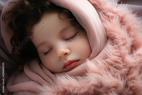 A baby sleeps wrapped in a pink ruffled blanket