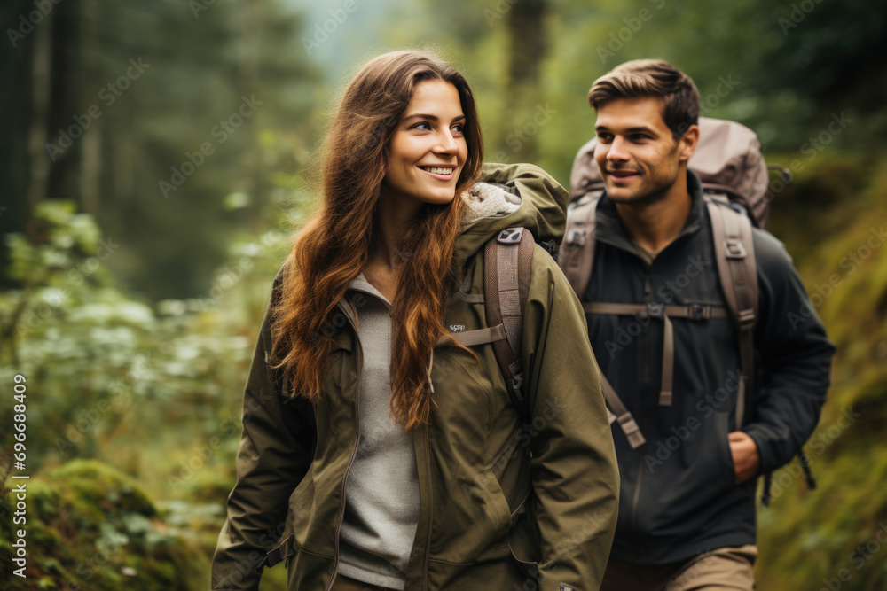 Adventurous young couple with backpacks exploring in spring Adventurous young couple with backpacks exploring in spring