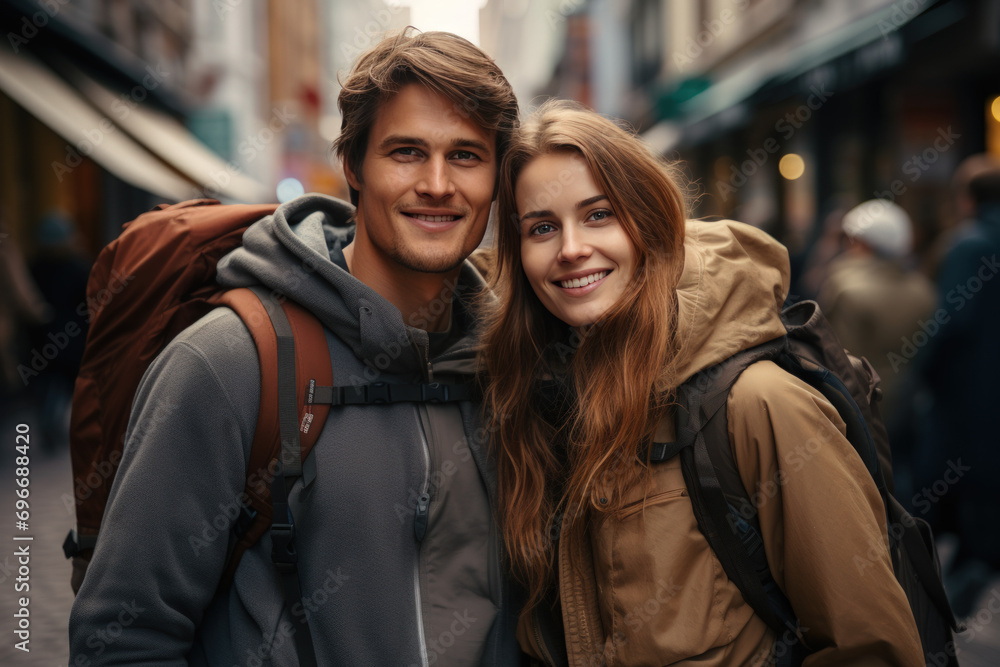 Adventurous young couple with backpacks exploring in spring Adventurous young couple with backpacks exploring in spring