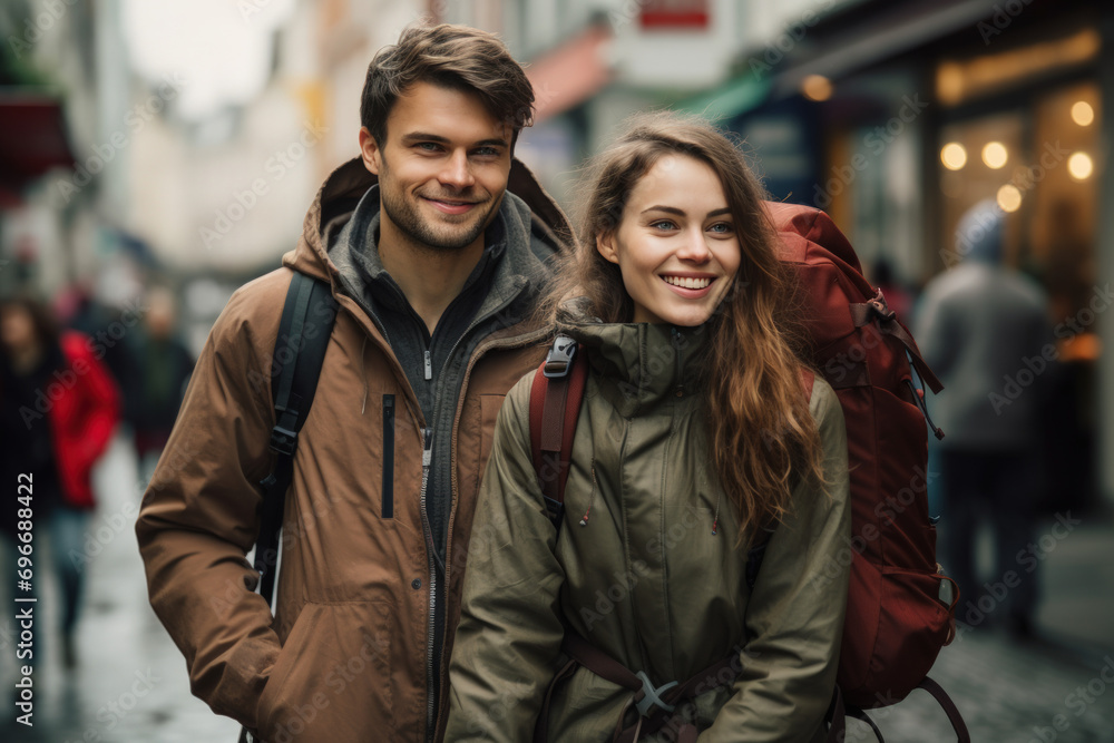 Adventurous young couple with backpacks exploring in spring Adventurous young couple with backpacks exploring in spring