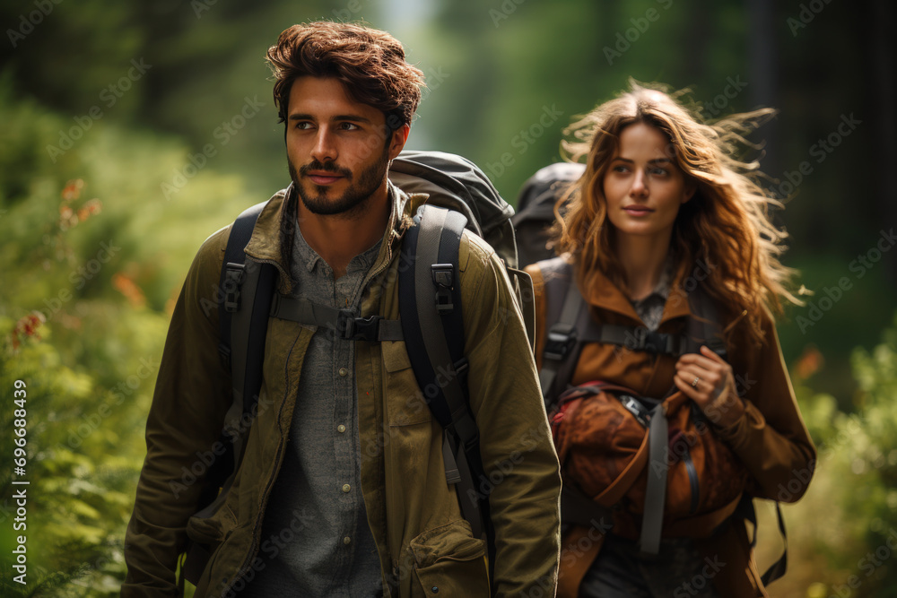 Adventurous young couple with backpacks exploring in spring Adventurous young couple with backpacks exploring in spring