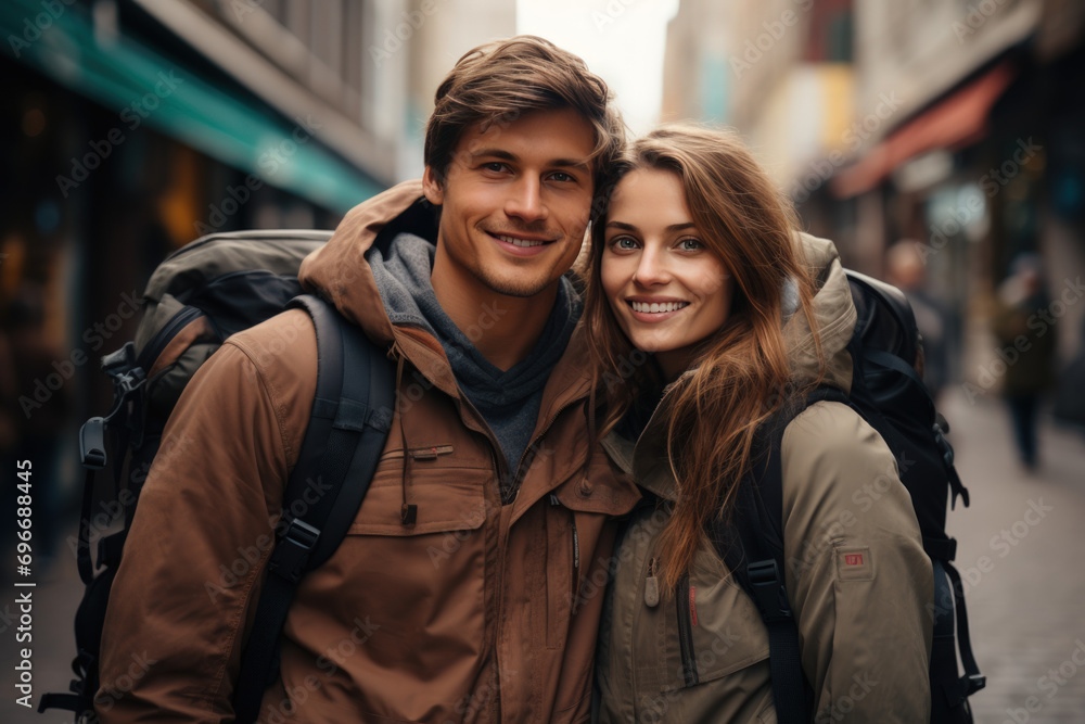 Adventurous young couple with backpacks exploring in spring